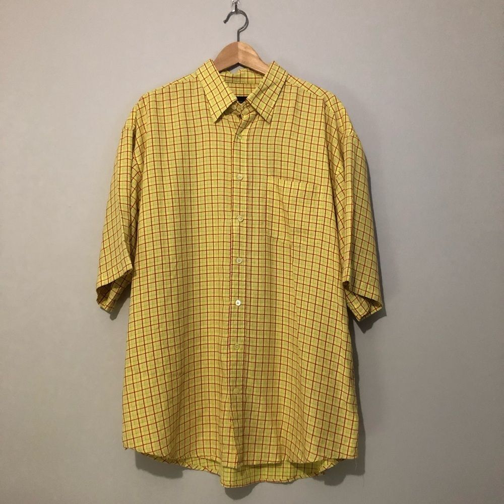Vintage Bugatchi Men’s XXL Retro Yellow Checkered Shirt